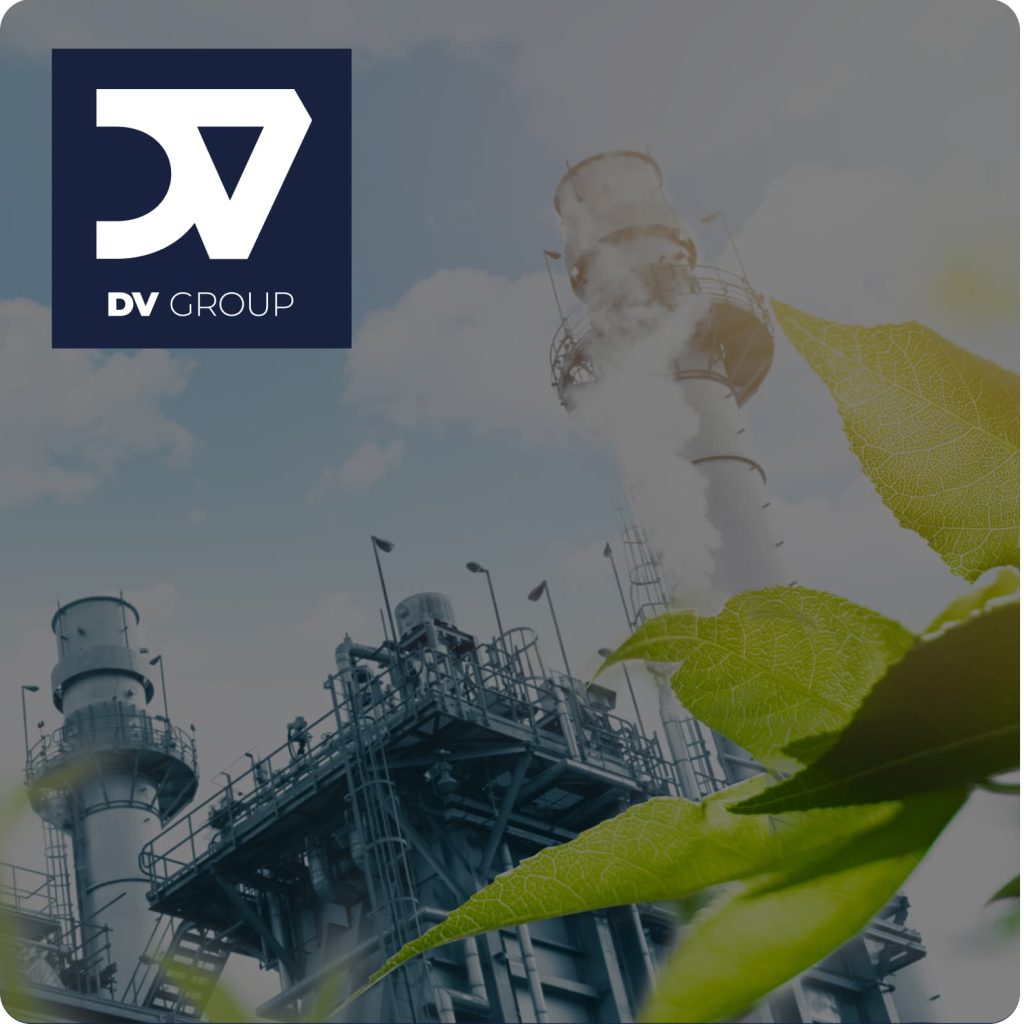 Installation industrielle avec cheminées et structures métalliques, accompagnée du logo DV Group et de feuilles au premier plan.