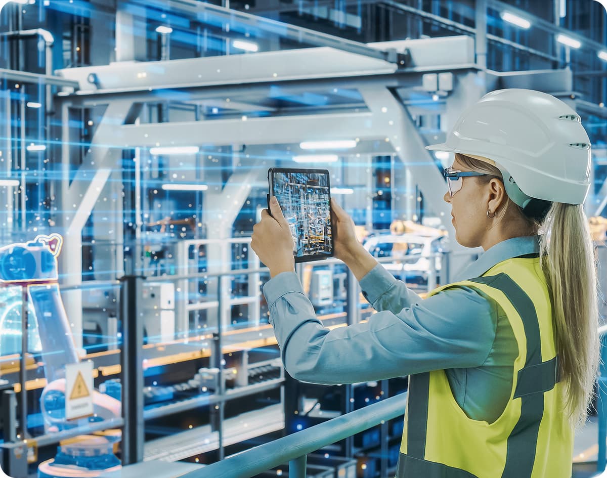Personne portant un casque de sécurité utilisant une tablette pour observer une installation industrielle automatisée.